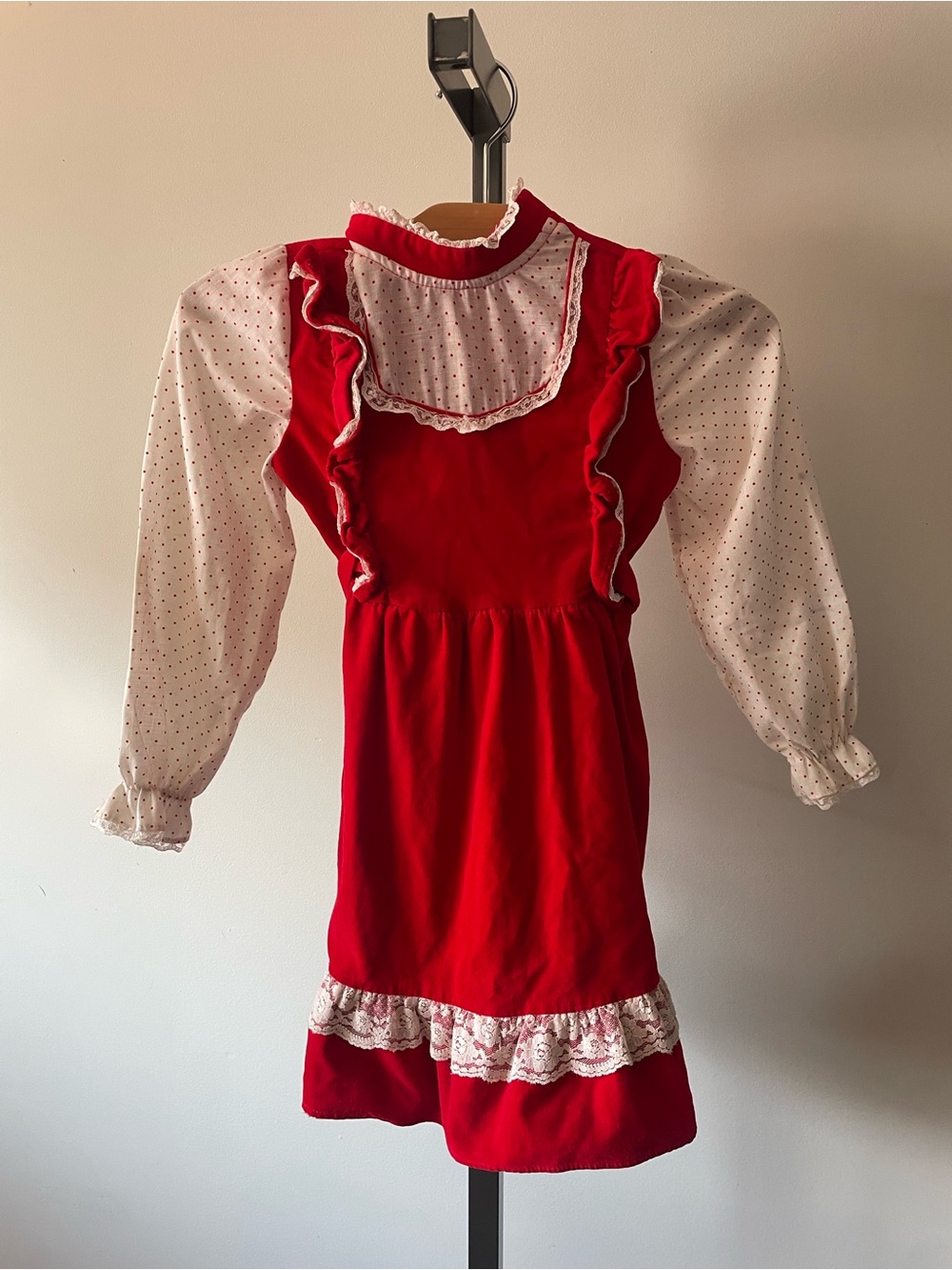 70s Vintage Prairie Cottagecore Polka Dot Velvet Dress Kids Girls Children’s